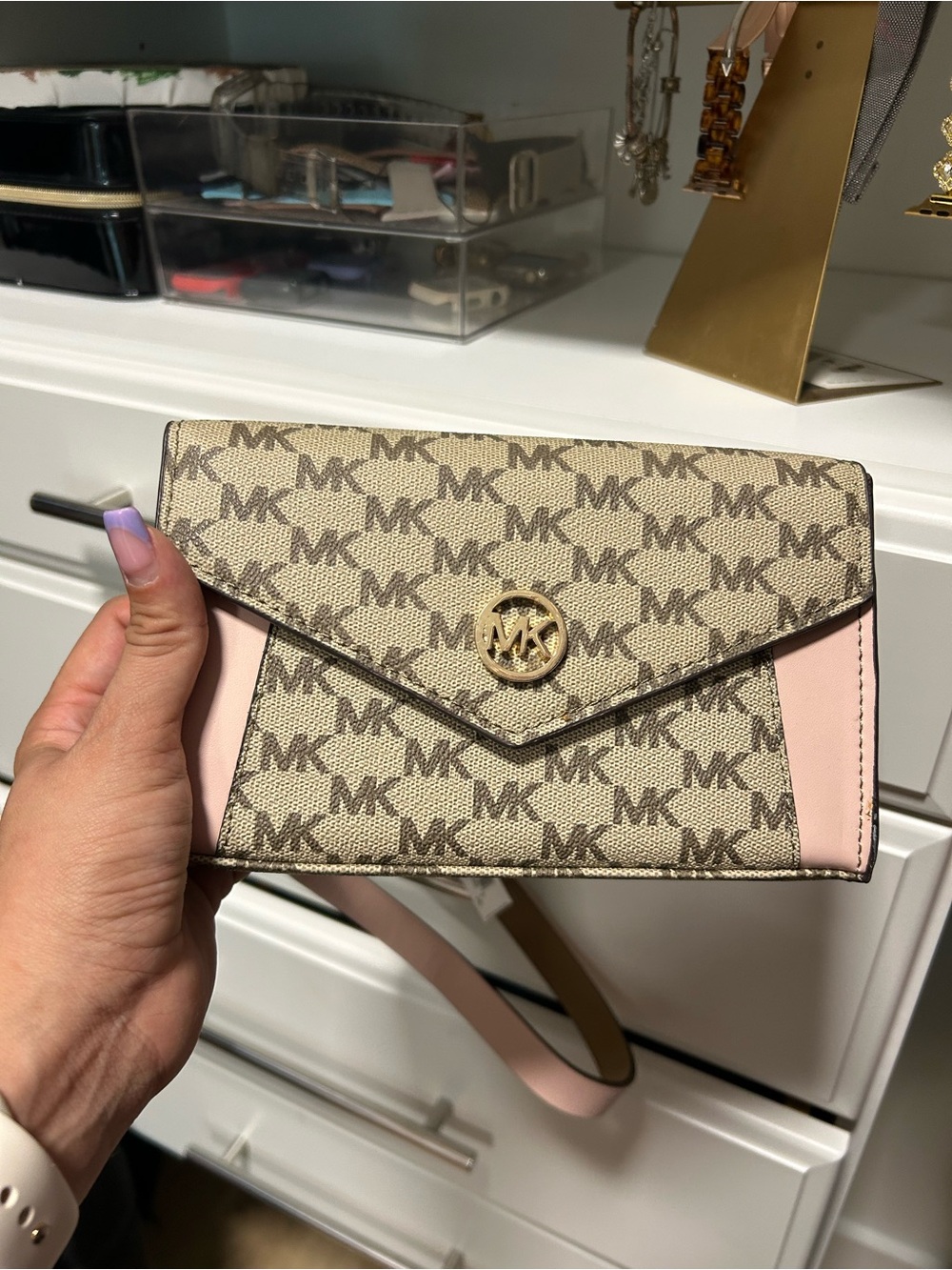 Michael Kors Beige Monogram Crossbody with Pink Trim